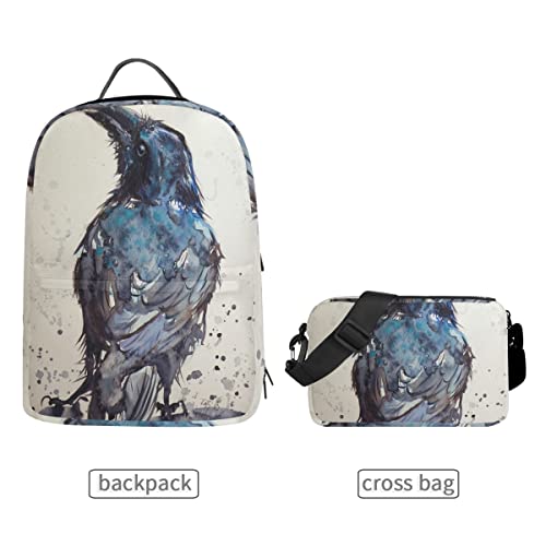 Pintura del Arte del Cuervo del Pájaro Mochilas Escolar Impermeable Mochila Escolares Bolso con Mensajero para Estudiante Niñas Niños