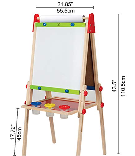 Pizarra Caballete Todo en 1 de Madera de Hape,Galardonado Caballete para Niños y Niñas de dos Caras con Altura Ajustable y Rollo de Papel, Pizarra blanca, Pizarra de tiza, Imanes y 3 Botes de Pintura