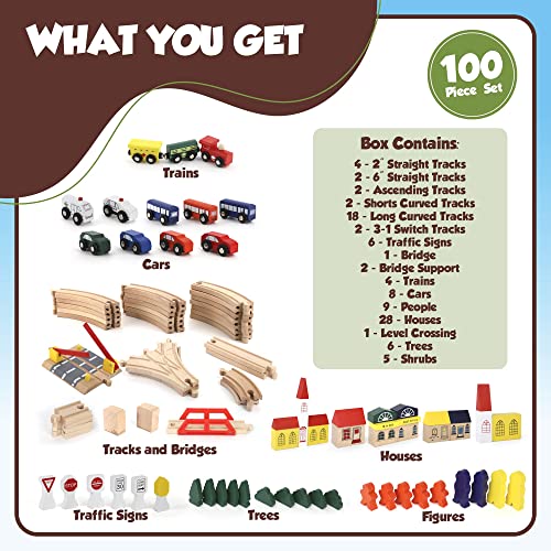 Play Build Juego de Tren de Madera, Juego Completo de Tren para niños pequeños, Juego Interactivo de 100 Piezas y Juego de Aprendizaje, diseño Creativo de vías de Tren de Madera