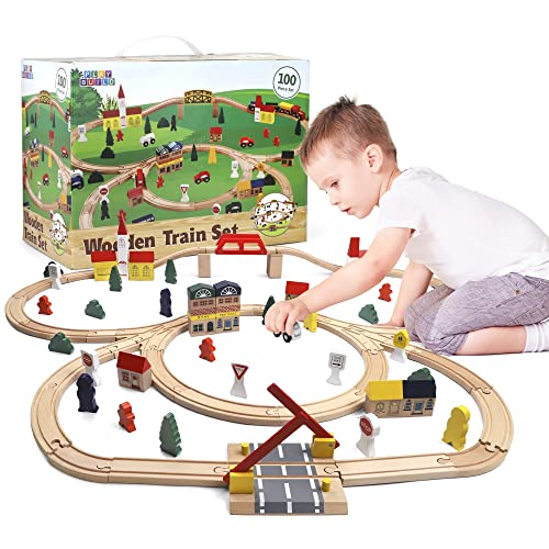 Play Build Juego de Tren de Madera, Juego Completo de Tren para niños pequeños, Juego Interactivo de 100 Piezas y Juego de Aprendizaje, diseño Creativo de vías de Tren de Madera