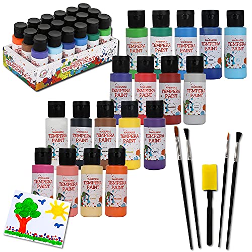 Playkidiz Juego de Pinturas Al Temple Lavables de 18 para Niños, Pintura Acrílica Lavable no Tóxica para Niños, Juego de Pintura Apto para Niños, Apto para Niños, Incluye Una Variedad de Pinceles