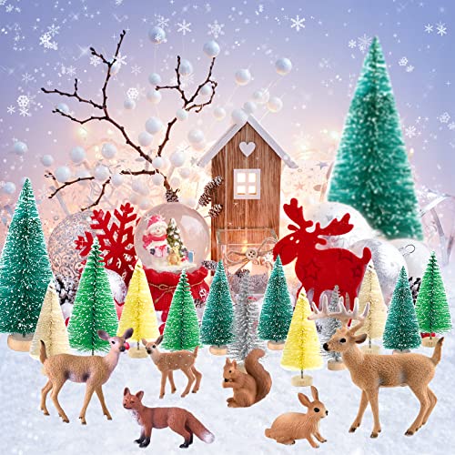 PLULON 30 Piezas Mini árboles Navidad, Juego Figuras Animales del Bosque, Cepillo Botella, árboles, sisal, Nieve, Escarcha, árboles, Diorama, y Figuras Animales del Bosque, Adornos para Tartas