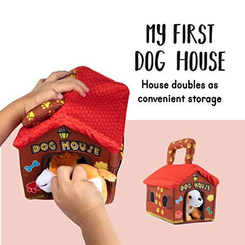 Plush Creations Casa de Perro Portador con 4 Suave y tierno, Hablar y Barking Dogs Relleno. Excelente Interactivo y Educativo Conjunto de Juguete