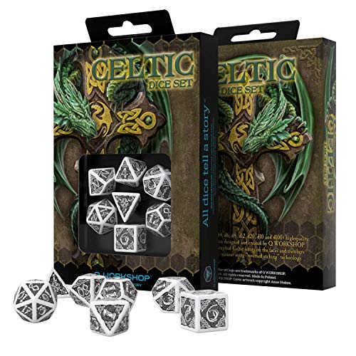 Q Workshop Celtic 3D Revised White & Black RPG Dice Set 7 Polyhedral Pieces