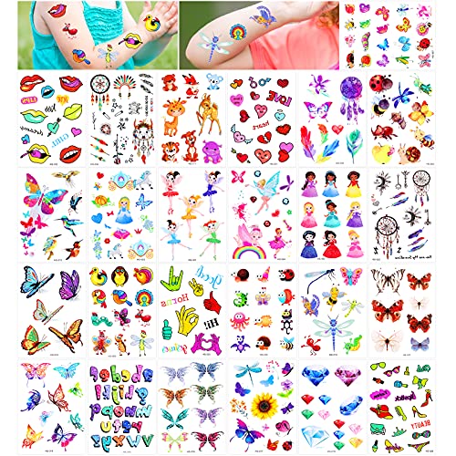 Qpout 300pcs Tatuajes Temporales con purpurina para niños,dibujos animados flash animal princesa flor hada tribal tótem tatuajes falsos pegatinas para niños niñas bolsa de regalo decoración recompensa