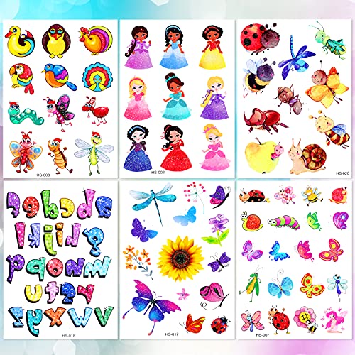 Qpout 300pcs Tatuajes Temporales con purpurina para niños,dibujos animados flash animal princesa flor hada tribal tótem tatuajes falsos pegatinas para niños niñas bolsa de regalo decoración recompensa