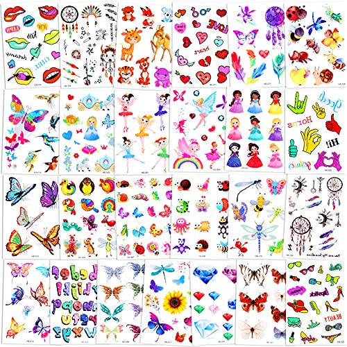 Qpout 300pcs Tatuajes Temporales con purpurina para niños,dibujos animados flash animal princesa flor hada tribal tótem tatuajes falsos pegatinas para niños niñas bolsa de regalo decoración recompensa