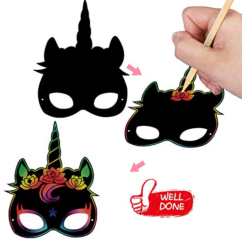 Qpout 48 Pcs Scratch Art Paper Art Rainbow Scratch Cards Set Animal Mask Black Scratch Paper Magic Scratch Drawing Crafts Paper Art Kit