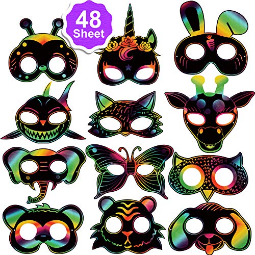 Qpout 48 Pcs Scratch Art Paper Art Rainbow Scratch Cards Set Animal Mask Black Scratch Paper Magic Scratch Drawing Crafts Paper Art Kit