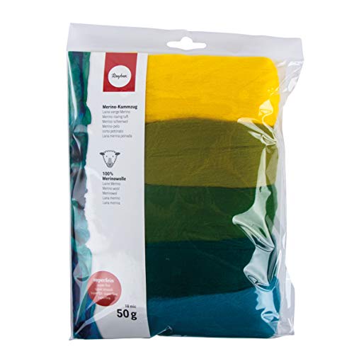 Rayher 5365300 Pack 100% Lana cardada de Merino, 50g, Fina, para fieltrar, Verde/ Amarillo/Azul