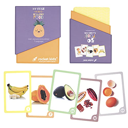 Rocket Kidz - Mis Primeras Palabras Alimentos - 50 Tarjetas bits de Alimentos Saludables para la Estimulación Temprana del lenguaje de bebés y niños pequeños [Métodos Montessori y Doman][7 Idiomas]