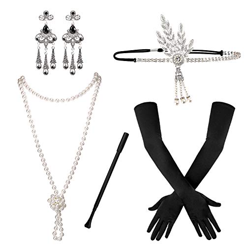 SAVITA 5 Piezas Accesorios de Aleta de Los Años 20 Conjunto de Accesorios de Vestuario Gatsby de Los Años 20 para Mujeres Venda Pendientes Collar de Perlas Guantes Porta Cigarrillos