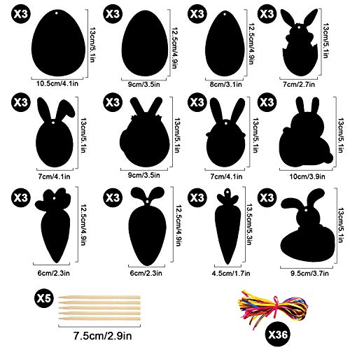 Scratch Art para Niños 36 Pcs，Papel para Rascar de Pascua，Pascua Decoracion，Huevos para Pintar con Cuerda de Colores y Lápiz para Rascar Arte con Arcoíris En Forma Dibujos para Huevos Pascua Decorar