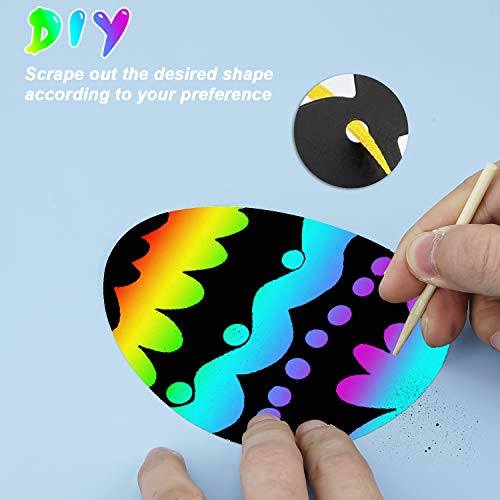 Scratch Art para Niños 36 Pcs，Papel para Rascar de Pascua，Pascua Decoracion，Huevos para Pintar con Cuerda de Colores y Lápiz para Rascar Arte con Arcoíris En Forma Dibujos para Huevos Pascua Decorar