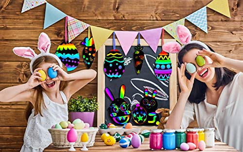 Scratch Art para Niños 36 Pcs，Papel para Rascar de Pascua，Pascua Decoracion，Huevos para Pintar con Cuerda de Colores y Lápiz para Rascar Arte con Arcoíris En Forma Dibujos para Huevos Pascua Decorar