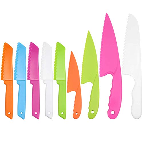 SelfTek 9 cuchillos de cocina de plástico para niños y chef, de nailon, para hornear, frutas, pan, pasteles, lechuga, ensalada