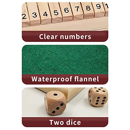 Shut The Box Game, ZoneYan Juego de Mesa de Madera, Cierra la Caja Juego, para 4 Jugadores, con 2 Dados, Juego de Mesa Clásico para Fiesta, Juego de Matemáticas para Niños