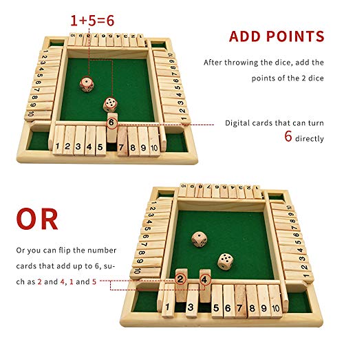 Shut The Box Game, ZoneYan Juego de Mesa de Madera, Cierra la Caja Juego, para 4 Jugadores, con 2 Dados, Juego de Mesa Clásico para Fiesta, Juego de Matemáticas para Niños