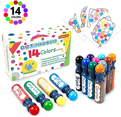 Shuttle Art Dot Markers, 14 colores altamente lavables Bingo Daubers Dabbers Dauber Dawgs para niños pequeños en edad preescolar Art Craft Supply con 10 patrones de papel adhesivo doble