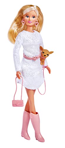 Simba Steffi Love Chic Walk - Muñeca con Vestido de Moda, con Pendientes, cinturón, Bolso y su Perro, 29 cm, para niños a Partir de 3 años