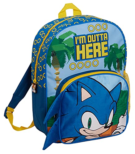 Sonic The Hedgehog Mochila para niños grande de la escuela Sega Gold Rings Travel Backpack Sports Bag con soporte para bebidas, Blue, Talla única, Mochila