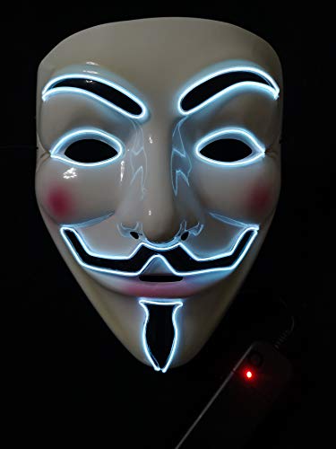 SOUTHSKY LED Mascara Disfraz de Luces Neon Led Brillante V Vendetta Mask EL Wire Light Up 3 Modos For Halloween Costume Cosplay Party (V-White)