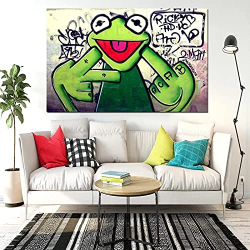 Street Graffiti Art Frog Kermit Finger Poster Impresión en lienzo Pintura Animal Pintura al óleo Cuadros de pared para sala de estar 70x100cm (28x39in) Marco interno