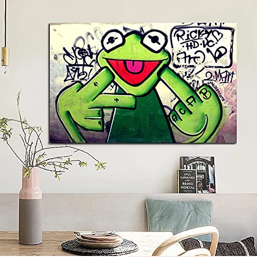 Street Graffiti Art Frog Kermit Finger Poster Impresión en lienzo Pintura Animal Pintura al óleo Cuadros de pared para sala de estar 70x100cm (28x39in) Marco interno