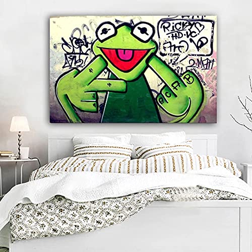 Street Graffiti Art Frog Kermit Finger Poster Impresión en lienzo Pintura Animal Pintura al óleo Cuadros de pared para sala de estar 70x100cm (28x39in) Marco interno