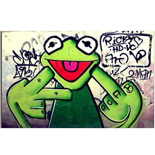 Street Graffiti Art Frog Kermit Finger Poster Impresión en lienzo Pintura Animal Pintura al óleo Cuadros de pared para sala de estar 70x100cm (28x39in) Marco interno