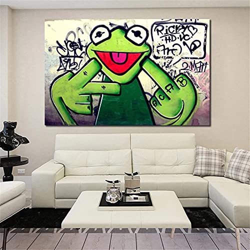 Street Graffiti Art Frog Kermit Finger Poster Impresión en lienzo Pintura Animal Pintura al óleo Cuadros de pared para sala de estar 70x100cm (28x39in) Marco interno