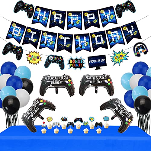 Suministros para Fiestas de Videojuegos - Banners de Happy Birthday para Juegos, 1 Mantel, 10 Adornos para Tartas, 36 Globos Temáticos de Juegos para Decoraciones de Fiesta de Cumpleaños de Niños