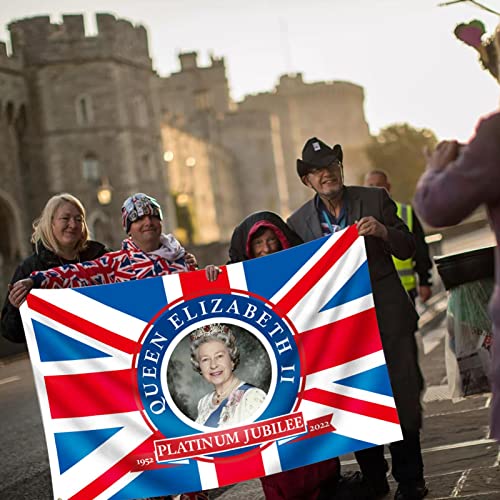 Sunnyushine Queens Plati-Num Jubilee Flag 3x5ft - Bandera Union Jack 2022 con Su Majestad la Reina | Decoración Británica del 70º aniversario para Souvenir Gigante de Street Party