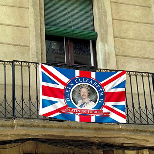 Sunnyushine Queens Plati-Num Jubilee Flag 3x5ft - Bandera Union Jack 2022 con Su Majestad la Reina | Decoración Británica del 70º aniversario para Souvenir Gigante de Street Party