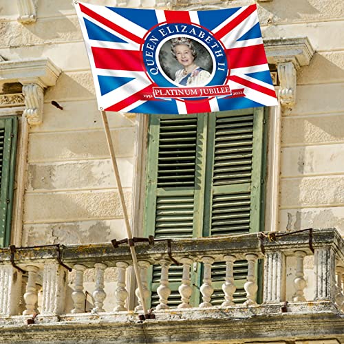 Sunnyushine Queens Plati-Num Jubilee Flag 3x5ft - Bandera Union Jack 2022 con Su Majestad la Reina | Decoración Británica del 70º aniversario para Souvenir Gigante de Street Party