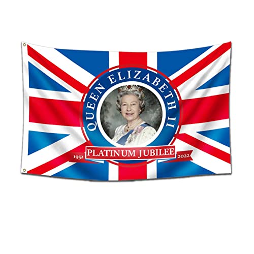 Sunnyushine Queens Plati-Num Jubilee Flag 3x5ft - Bandera Union Jack 2022 con Su Majestad la Reina | Decoración Británica del 70º aniversario para Souvenir Gigante de Street Party