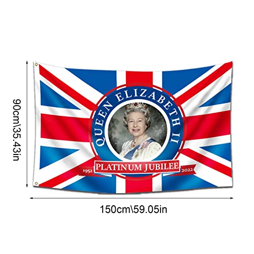 Sunnyushine Queens Plati-Num Jubilee Flag 3x5ft - Bandera Union Jack 2022 con Su Majestad la Reina | Decoración Británica del 70º aniversario para Souvenir Gigante de Street Party