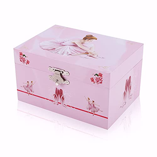 TAOPU Joyero Musical con Caja de Música de Bailarina Rosa Claro Giratoria Caja de Almacenamiento de Joyas para niñas