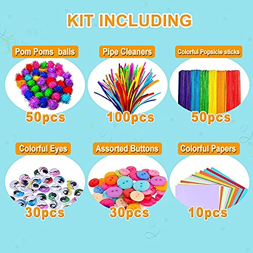 TOLOYE Juego de Manualidades, Pipe Cleaners Crafts Set, kit manualidades niños, Juego Creativo Regalo Incluye Limpiadores de Pipa Chenilla y Pompoms con Wiggle Eyes y Craft Sticks Craft Art Supplies