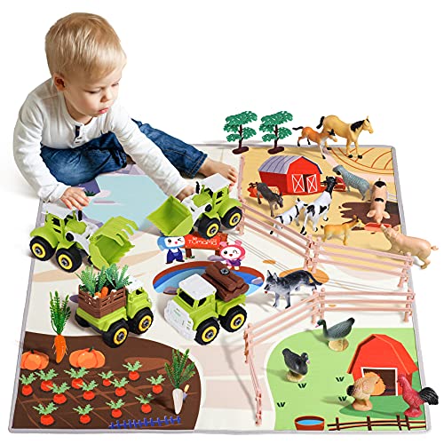 TUMAMA Juguetes de Granja para Niños vehículos para Desmontar y Juego con Gran Alfombra de Actividades, Animales vallado Caballo, Vaca, gallina y forrajes,educativos Juegos de Coches para niños