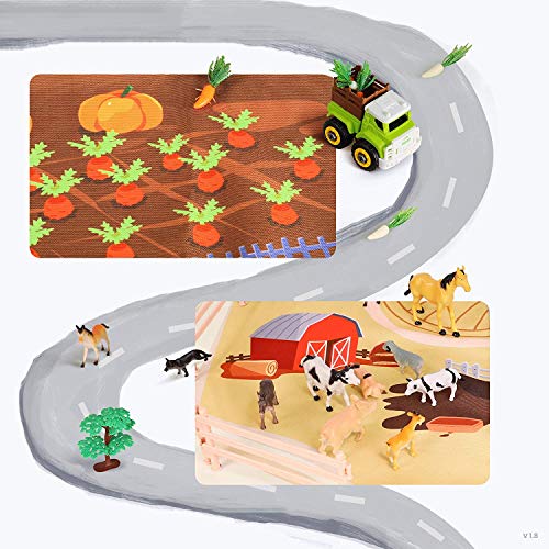 TUMAMA Juguetes de Granja para Niños vehículos para Desmontar y Juego con Gran Alfombra de Actividades, Animales vallado Caballo, Vaca, gallina y forrajes,educativos Juegos de Coches para niños