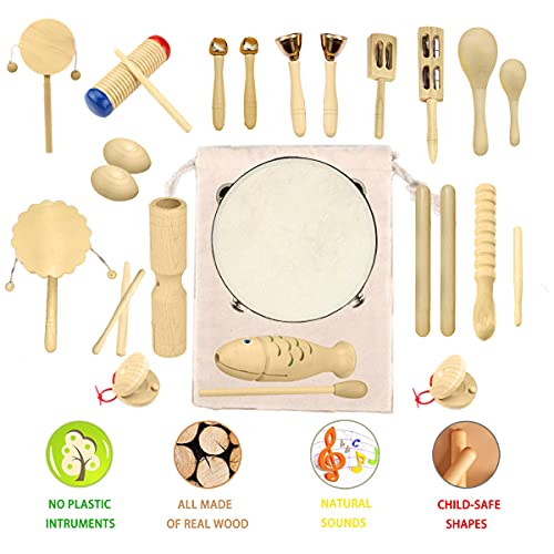 Ulifeme Instrumentos Músicales Infantiles, 27pcs Percusion Musicales Madera Set para Infantil, Niños y Bebe, Madera 100% Puro de Juguete Musical, Kit de Ritmo de Percusión Premium + Bolsa de Algodón