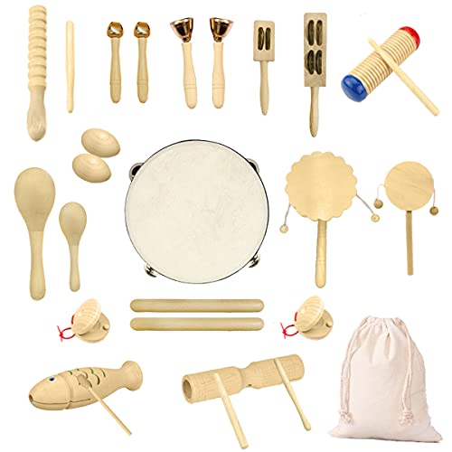 Ulifeme Instrumentos Músicales Infantiles, 27pcs Percusion Musicales Madera Set para Infantil, Niños y Bebe, Madera 100% Puro de Juguete Musical, Kit de Ritmo de Percusión Premium + Bolsa de Algodón