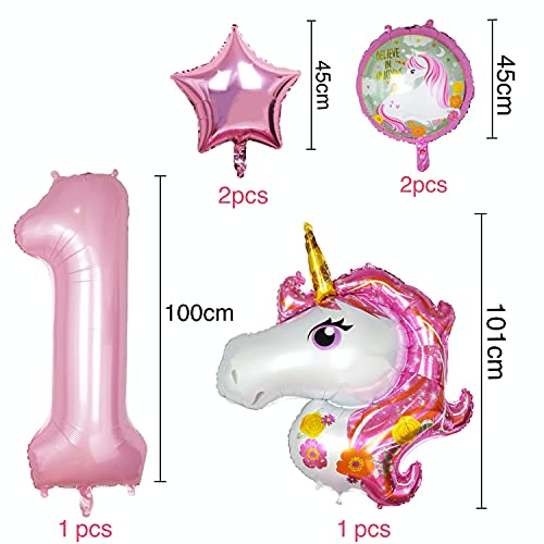 Unicornio Decoración Cumpleaños 1 Años Globos Números Gigantes Unicornio Globo Rosa para Decoración Fiesta Cumpleaños Niña (numero 1)