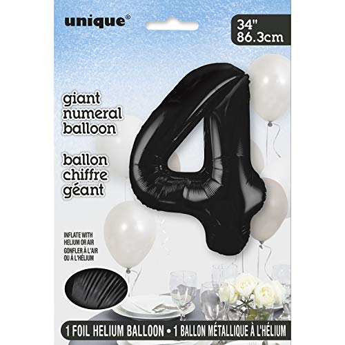 Unique Party- Globo gigante número 4, Color negro, 86 cm (55864) , color/modelo surtido