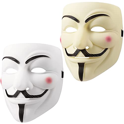 UNOLIGA Halloween Anonymous Mask, 2pcs Mascara V de Vendetta para Adultos, Mascara Hacker, Caretas para Carnaval Disfraz de Halloween Cosplay Accesorios Fiesta Props (Blanco, Beige)