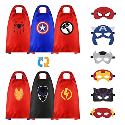 URAQT Capas de Superhéroes para Niños, 3pcs Capa y Máscara de Superhéroe de Satén de Doble Cara, Disfraces Infantiles para Cosplay Halloween Navidad, Juguetes de Superhéroe para Niños Niñas (6 Roles)