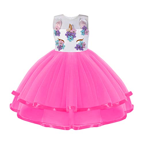 URAQT Disfraz de Unicornio, Vestido de Princesa Unicornio para Niñas, Vestido Elegante con Collar / Diadema para Cumpleaños / Cosplay / Boda, Edad 2-10 Años (Rosa Roja, 150cm)