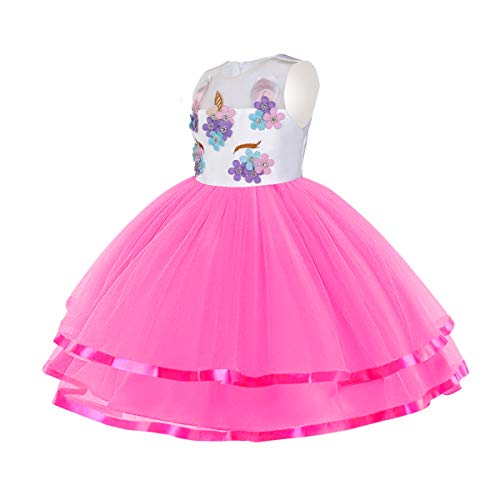 URAQT Disfraz de Unicornio, Vestido de Princesa Unicornio para Niñas, Vestido Elegante con Collar / Diadema para Cumpleaños / Cosplay / Boda, Edad 2-10 Años (Rosa Roja, 150cm)