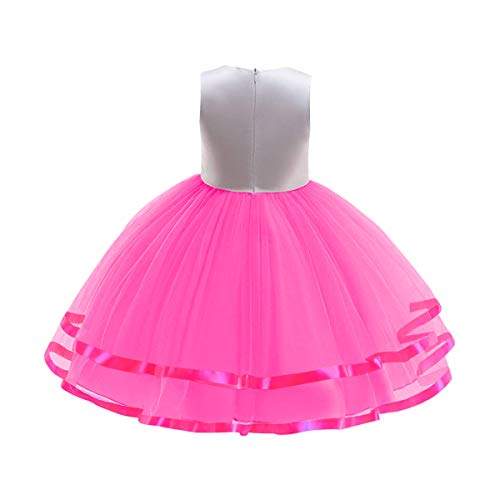 URAQT Disfraz de Unicornio, Vestido de Princesa Unicornio para Niñas, Vestido Elegante con Collar / Diadema para Cumpleaños / Cosplay / Boda, Edad 2-10 Años (Rosa Roja, 150cm)